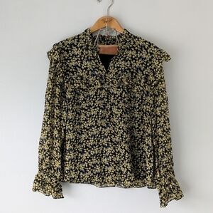 Boden Shirt Women's 16/18R Black Yellow Abstract Sprig Zoe Frill Detail Blouse 